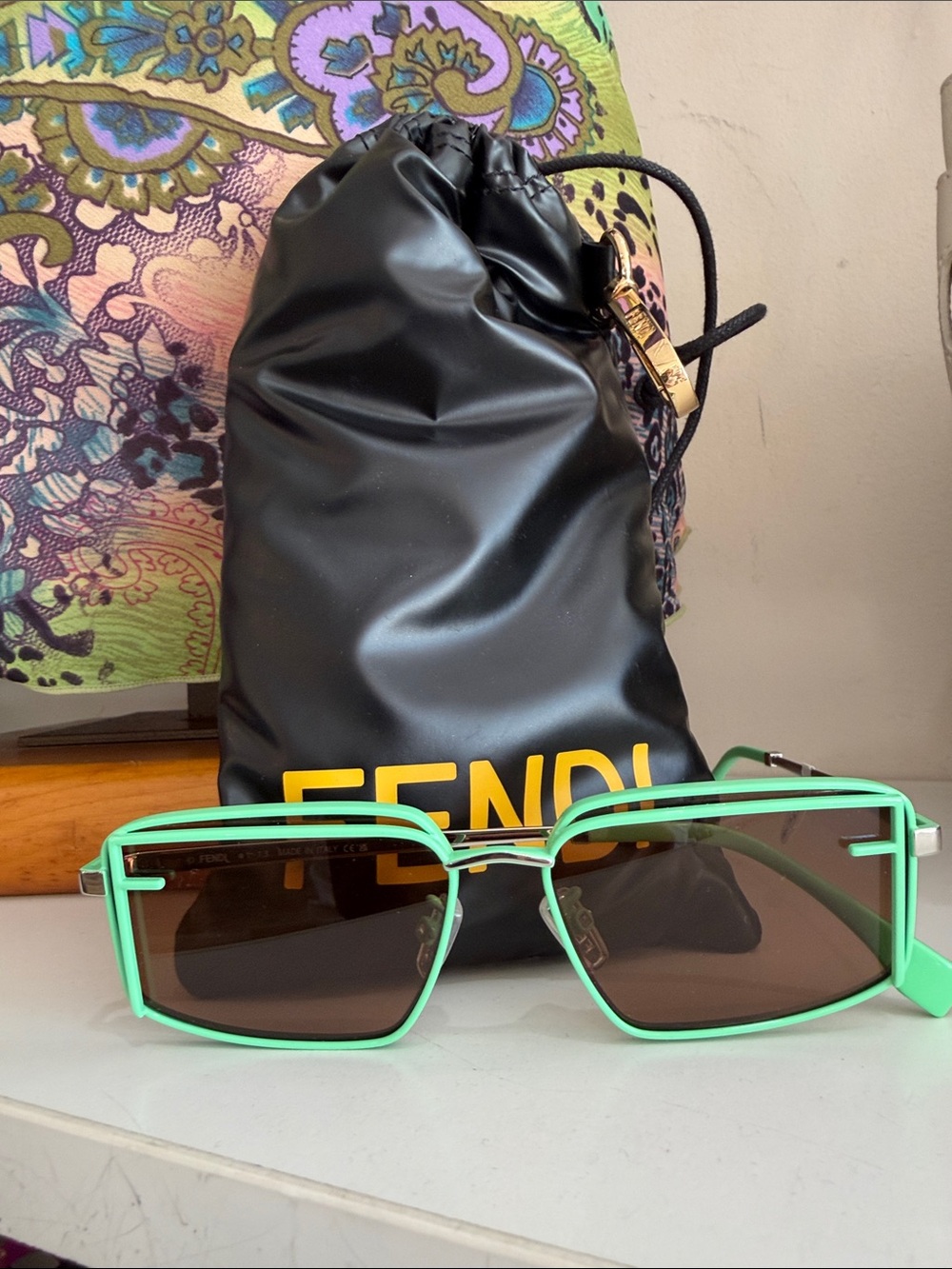 Fendi First Square Frame Silver Tone Green Enamel Sunglasses
